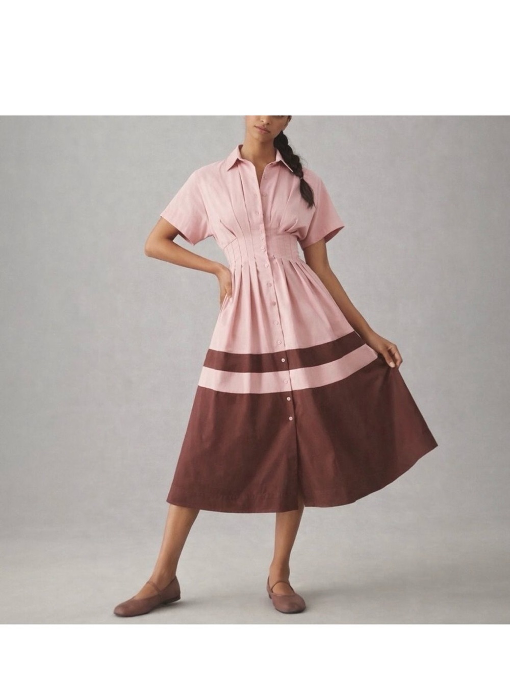 Anthropologie Exquise Tobie Button-Front Pleated Midi Shirt Dress